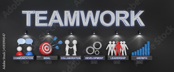 Fototapeta Teamwork communication, goals, development, leadership, collaboration, success, growth and cooperation.