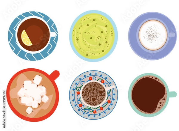 Fototapeta Set of hot drinks: tea with lemons, green matcha tea, cappuccino, hot chocolate with marshmallows, Turkish coffee, Americano isolated on a white background. Vector flat illustration. Top view.