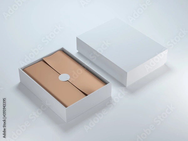 Fototapeta Two White Boxes Mockup with golden wrapping paper, opened and closed on light background