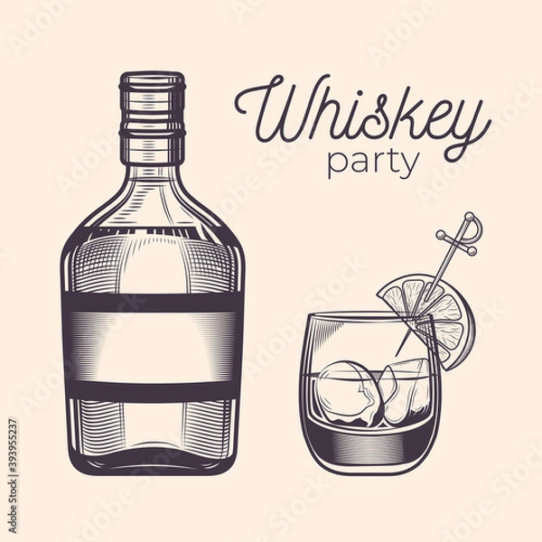 Fototapeta Whiskey bootle, glass with ice, lemon and whiskey. Whiskey party. Vintage vector engraving illustration for web, poster, invitation to party. Hand drawn design element isolated on white back