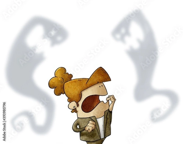 Obraz Terrified woman is afraid of two strange evil shadows that are behind her. concept of fear, psychological fear. isolated