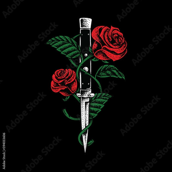 Obraz Knife and Roses Graphic Illustration Vector Art T-shirt Design