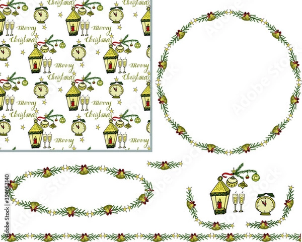 Fototapeta Christmas frame with bells and tree branches. Christmas seamless pattern, elements for a festive design and a seamless brush
