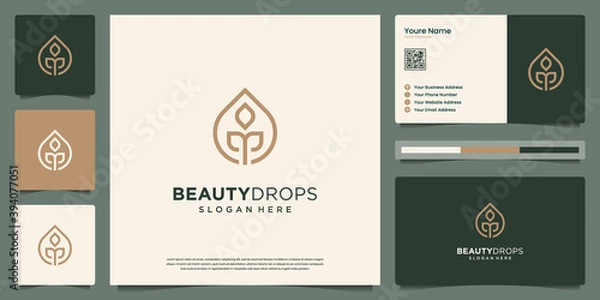 Fototapeta Minimalist beauty gold water drop and olive oil white minimal leaf line art logo and business card design