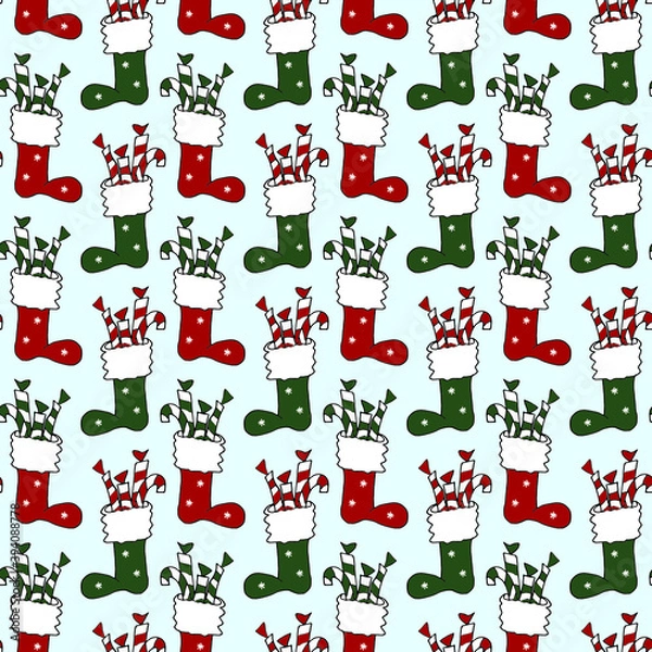 Fototapeta Christmas seamless pattern Santa Claus boots. Festive Christmas background of Santa Claus boots in vector for any creative designs.