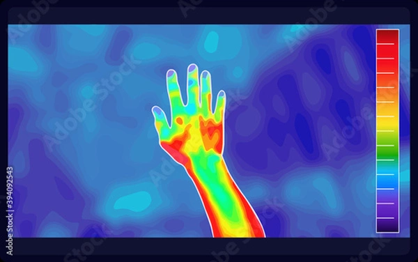 Fototapeta Illustration vector graphic of thermal Image Scanning Human hands and finger on blurred background. Electromagnetic spectrum. infrared color. infrared color scale. vector EPS 10.