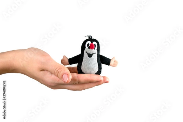 Obraz Czech Republic, Prague-2020 November: a Small plush toy of a Czech mole on a white isolated background. The girl is holding a small toy Czech mole.