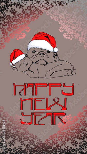 Fototapeta Postcard coloring Happy New Year. A child and a dog in a New Year's hat. Congratulations. Stylish illustration with New Year's greetings. Typography and creative lettering. Cartoon character. Print