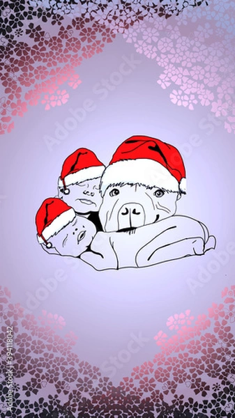 Fototapeta Postcard coloring Happy New Year. A child and a dog in a New Year's hat. Congratulations. Stylish illustration with New Year's greetings. Typography and creative lettering. Cartoon character. Print