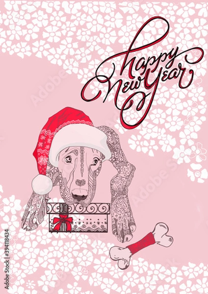 Obraz Merry Christmas and Happy New Year greeting card. Hunting dog with gifts. Lettering. Hunting dog with skates, 
in a scarf and a New Year's hat. Stylish illustration with new year greetings typography 