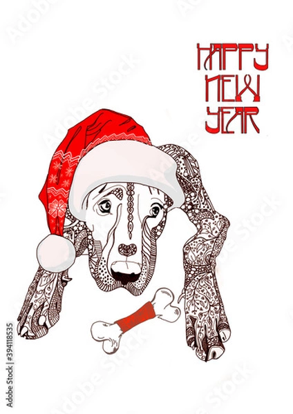 Obraz Merry Christmas and Happy New Year greeting card. Hunting dog with gifts. Lettering. Hunting dog with skates, 
in a scarf and a New Year's hat. Stylish illustration with new year greetings typography 