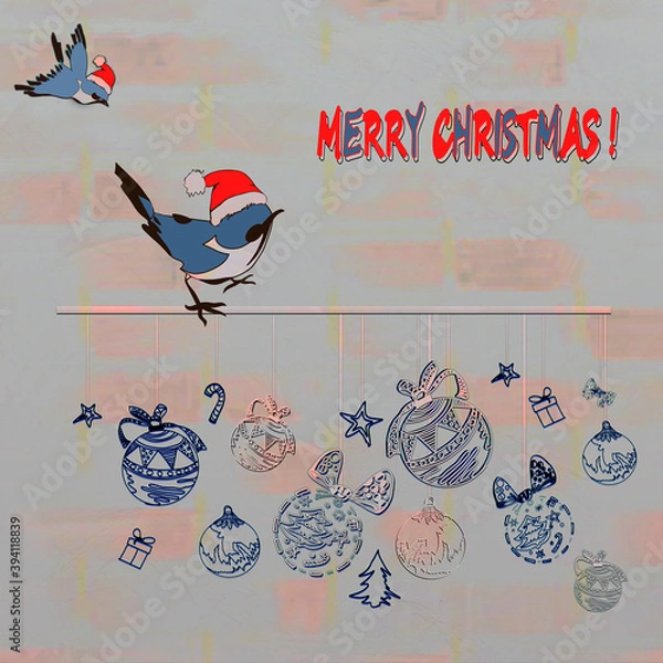 Obraz Merry Christmas and Happy New Year greeting card. Hunting dog with gifts. Lettering. Hunting dog with skates, 
in a scarf and a New Year's hat. Stylish illustration with new year greetings typography 