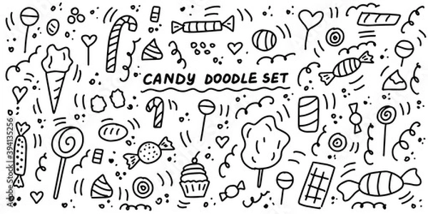 Obraz Candy Doodle Set. Hand drawn lines cartoon collection. Gummy, Sweet, Sugar, Chocolate, Caramel, Lollipops, Jelly, Marmalade. Vector icons collection isolation on white background.