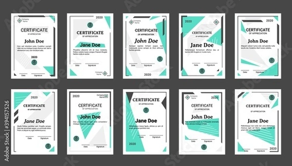 Obraz Diploma. Realistic graduation certificate and professional achievement document with decorative borders. Appreciation letter design with place for name, date and signature, corporate logo, vector set