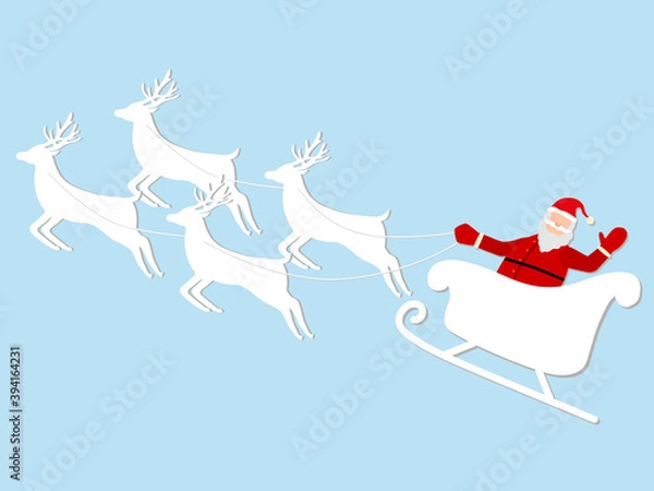 Fototapeta vector paper cut design of santa claus in sleigh and reindeer on christmas day. reindeer flying in the sky with santa's sleigh. happiness gift festival in december