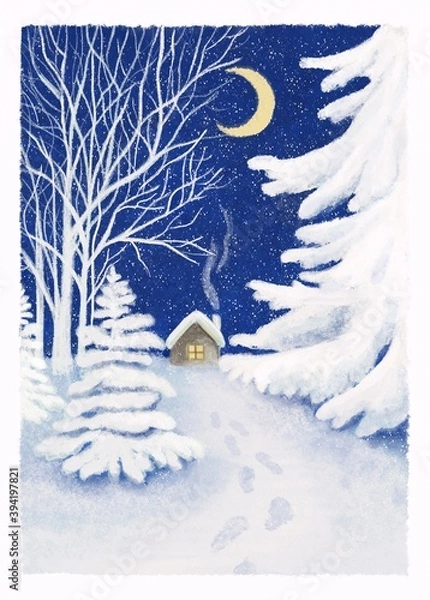 Obraz Winter night in a Forrest with snow and moon in the sky.  Retro Ukrainian style. The footprints in snow are leading to the house in the background.