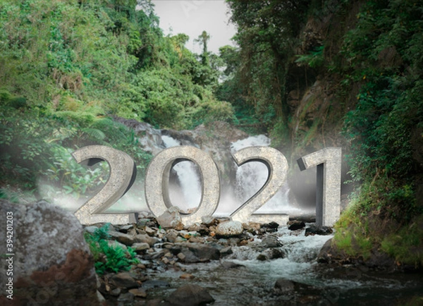 Obraz 2021 3D text in twin waterfall photo inside the tropical rain forest. Bali Indonesia