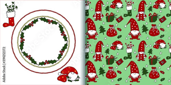 Fototapeta Christmas card with gnomes, beautiful round frame, isolated elements for creating festive cards and textiles, prints. Christmas background in vector