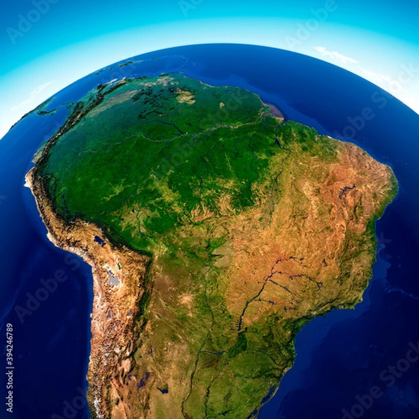Fototapeta Satellite view of the Amazon rainforest, map, states of South America, reliefs and plains, physical map. Forest deforestation. 3d render. Element of this image is furnished by NASA