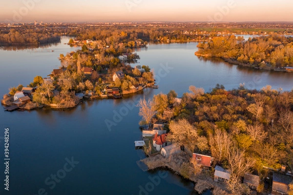 Fototapeta Hungary - Kavicsos Lake -This is a small lake with many small islands with fisherman houses close to Budapest
