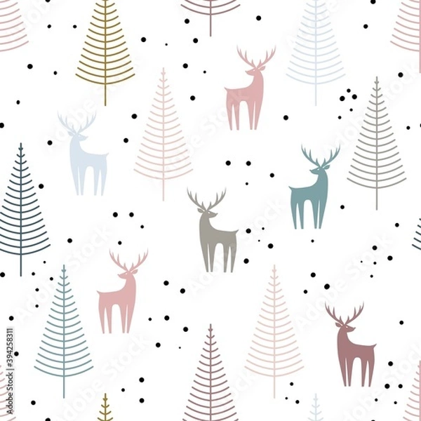 Obraz Seamless winter pattern with fir trees and deer on a white background. Isolated objects. Vector illustration in flat scandinavian style for fabric, wallpaper, clothing, covers, packaging.