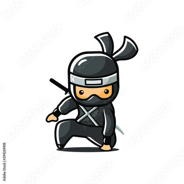 Fototapeta Little Black Cartoon ninja landing with his hand and ready to jump again to attack or defend