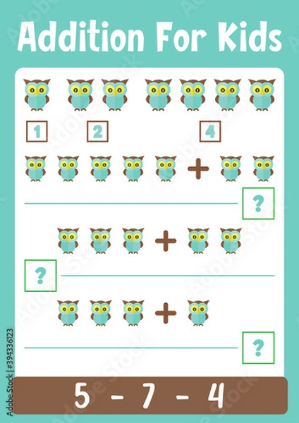 Fototapeta Addition worksheet for kids. Learn addition with owl bird printable paper.