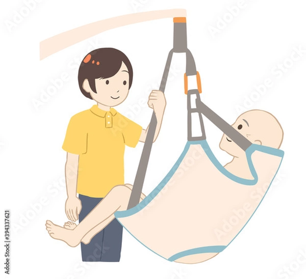 Obraz 入浴用リフトに乗る高齢男性　支える女性介護士(線無し)