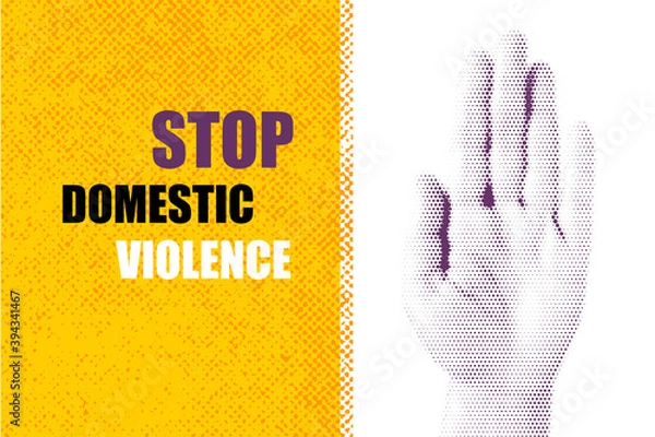 Fototapeta Domestic violence pop art banner on yellow background. Abstract violence domestic halftone vector illustration. Stop sign human hand with ribbon. Poster against crime. Stop domestic abuse.