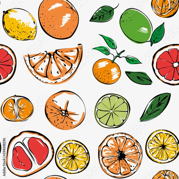 Fototapeta Seamless bright vector pattern of colored citrus fruits on a white background. For fabric, cover, and background.