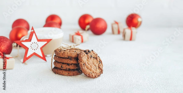Fototapeta Christmas cookie with chocolate and coffee. New Year's decorations on the white background.