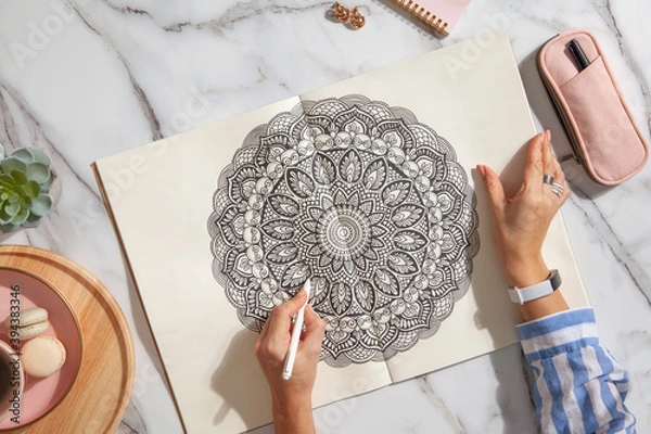 Fototapeta Top view of colored mandala art book with colorful markers, pen, pink pen case and a cup of coffee and macaroons. White marble background.
