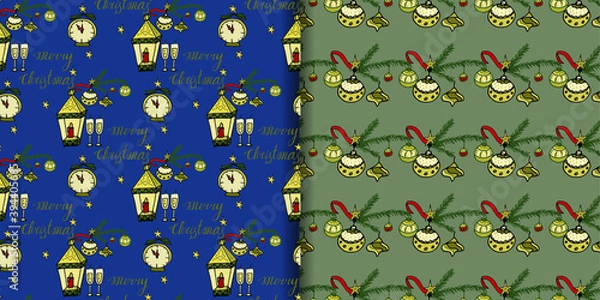 Fototapeta Christmas seamless pattern with festive lantern. Tree branch with decorations, glasses with wine, clock, inscription merry Christmas, on a blue background in vector for prints, invitations, more.
