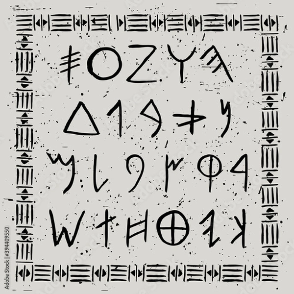 Fototapeta Vector Phoenician alphabet. Ancient runes in watercolor drawing style