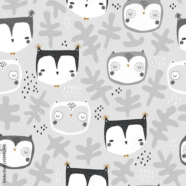 Fototapeta Seamless childish owl pattern. Creative kids forest texture.Perfect for fabric,textile. Vector background