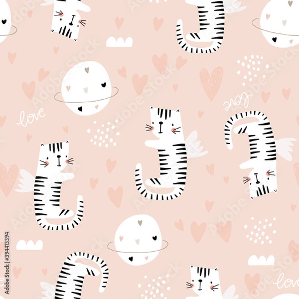 Fototapeta Childish seamless pattern with cute flying tigers. Modern kids texture with hearts, planets, moon, stars. Perfect for kids products, textile, apparel.