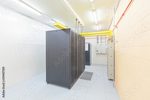 Fototapeta Network servers in a data center. Tier III carrier neutral data center. Server rooms.