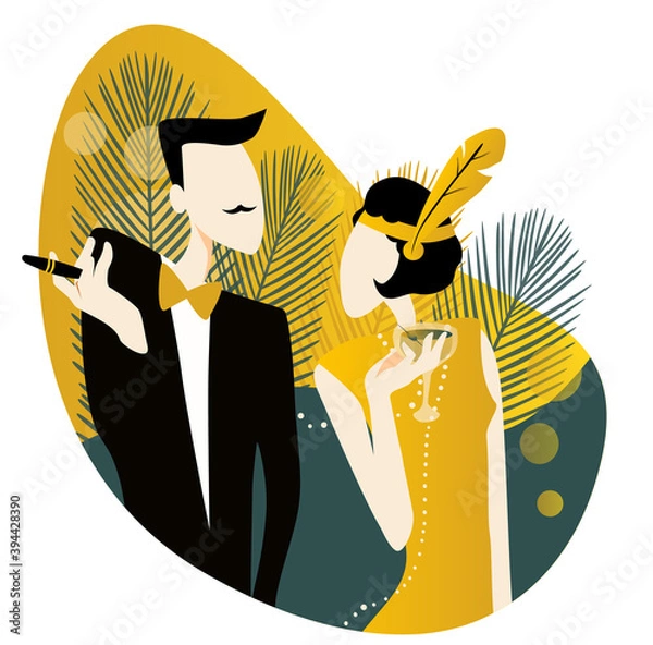 Fototapeta Couple at a party in the style of the early 20th century. Handmade drawing vector illustration. The Great Gatsby.