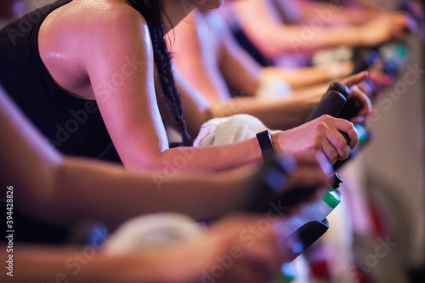 Fototapeta Sweaty torso of caucasian woman on a stationary bike in a line of other riders at a group spin class