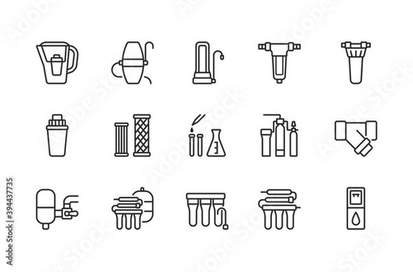 Fototapeta Water filter flat line icon. Vector illustration of different types of water filtration equipment included countertop, undersink, pitcher container, reverse osmosis, fine filter. Editable strokes