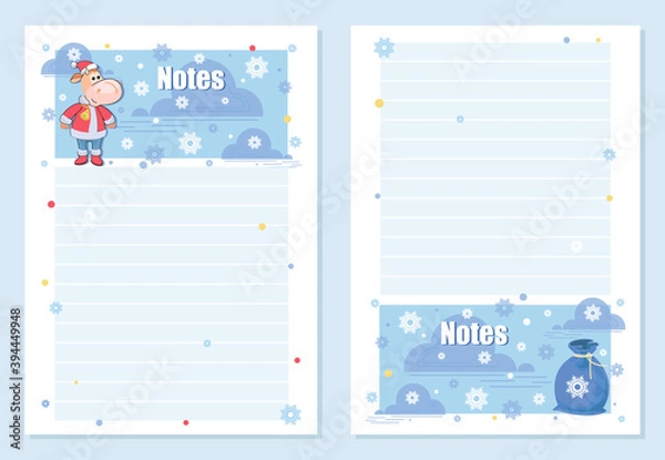 Obraz Calf. Note Pages. Vector background, template. Set. Bull. Funny character Santa Claus and gift bag. 