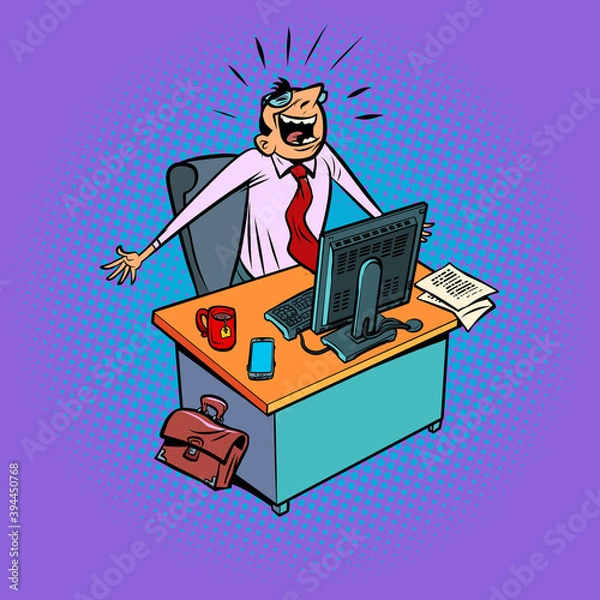 Fototapeta happy male businessman works at an office workplace at a computer
