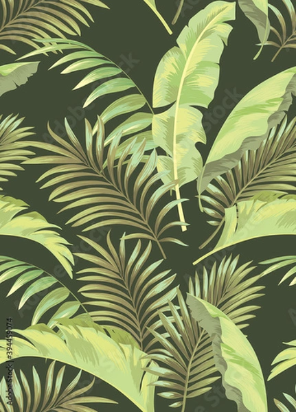 Fototapeta Green tropical palm leaves seamless vector pattern on the black background.Trendy summer print.