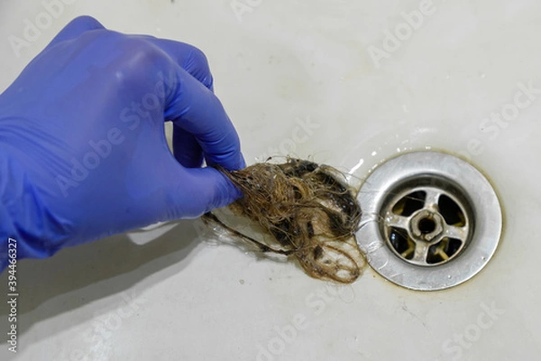 Obraz draining the sink in the bathroom with hair