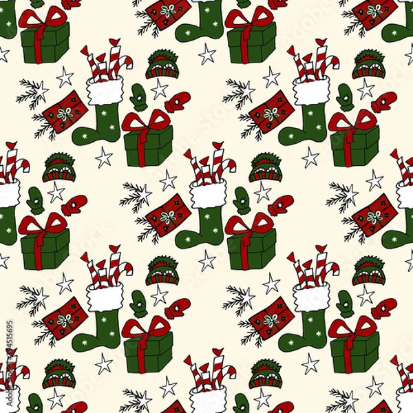 Fototapeta Seamless pattern with christmas gifts. Christmas and New Year doodles to create fancy cards, invitations, prints and more. Festive seamless background.