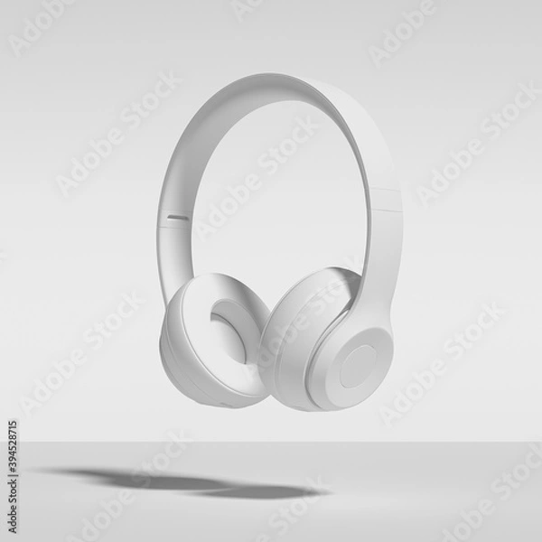 Fototapeta Headphones Isolated On White Background. Abstract Image of White Painted Headphones, Falling, Floating, Suspended, Isolated Against White. 3d Rendering.