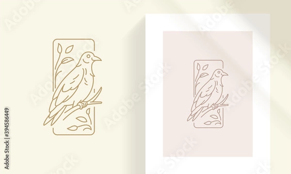 Fototapeta Bird sitting on branch silhouette linear vector illustration.