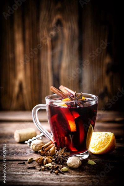 Obraz Mulled wine, hot warming drink with spices
