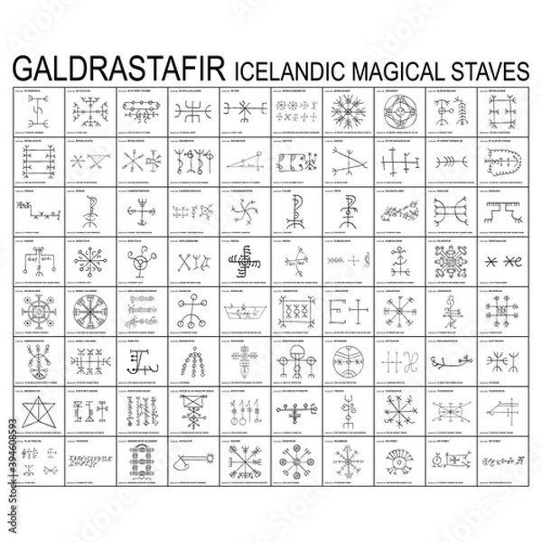 Fototapeta Vector icon set with Galdrastafir Icelandic Magical Staves with their meanings