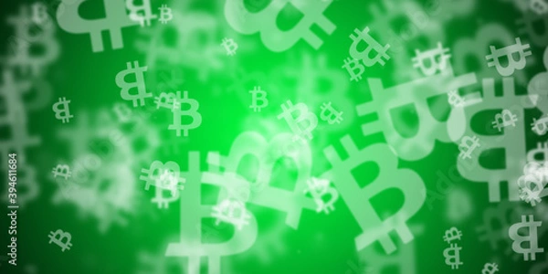 Fototapeta Abstract flashy green background with flying bitcoin logos